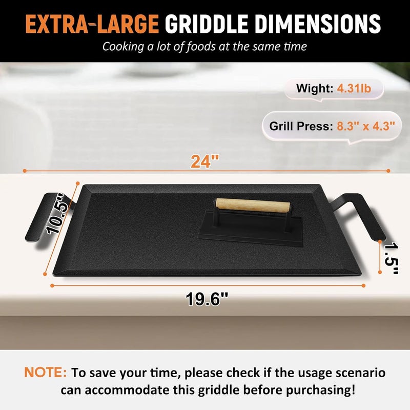 LTLUO Universal Large Carbon Steel Griddle for Outdoor Gas Grill, Induction, Gas/Electric Stove, and Oven, Double Burner Griddle Comes with Grill Press, Pre-seasoned Nitride Coating Process - Image 2